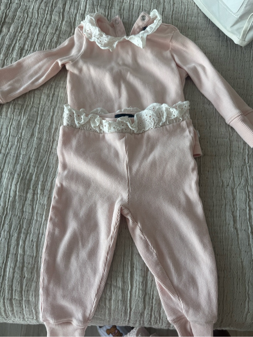 7 For All Mankind Pink Ribbed Lace-Trim Two-Piece Kids Set